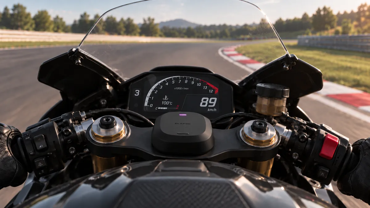 Elapse on the top yoke of a motorbike on a circuit, no phone anywhere on it.