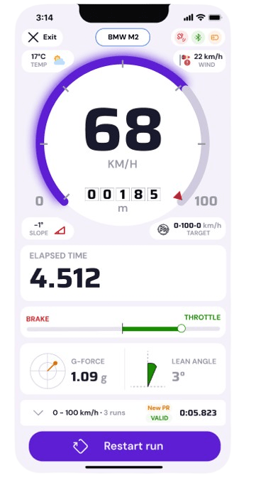 The Elapse app on a phone, a 0–100 km/h run in progress.